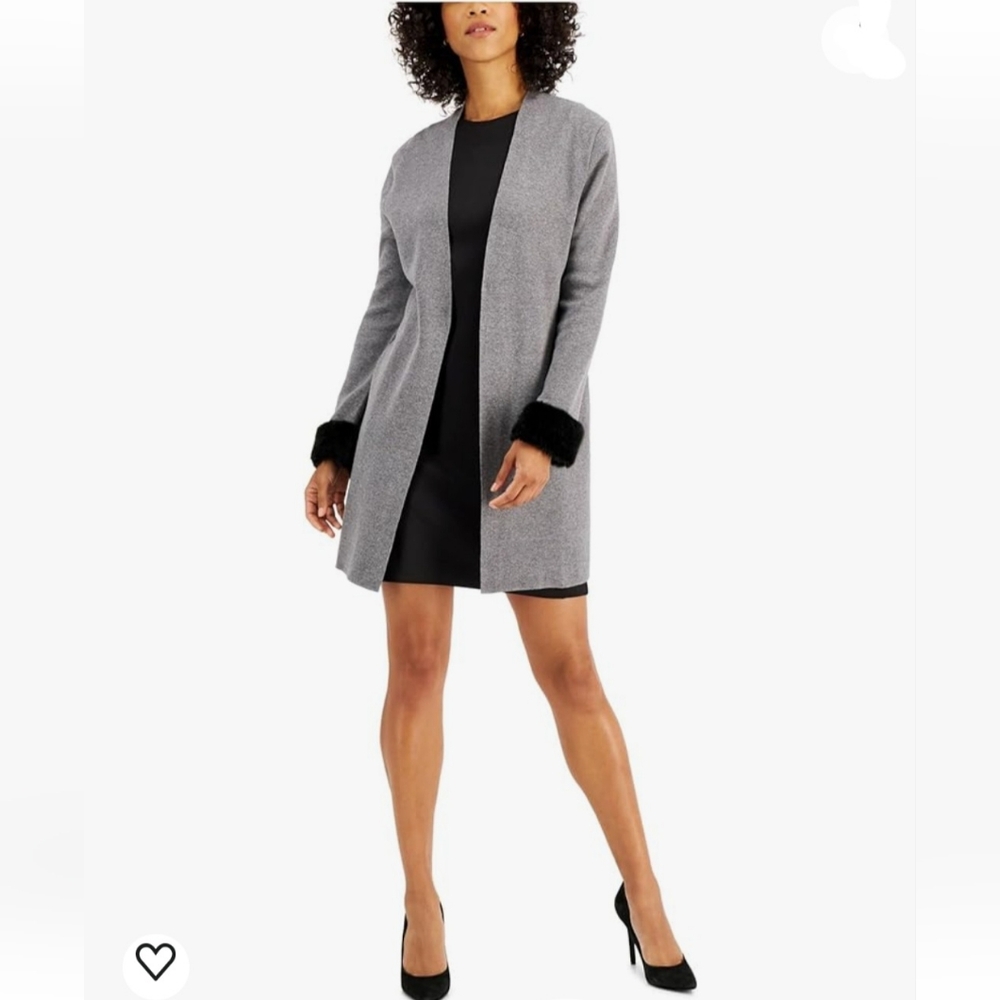 New Kasper Grey Knit Faux Fur Trim Longline Duster Cardigan Plus Sweater